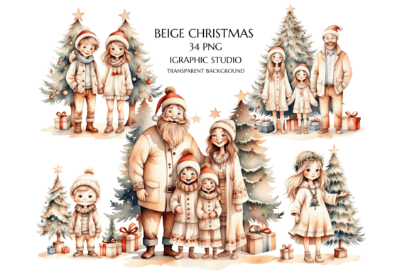 Beige Christmas Family Clipart: Soft Illustrations