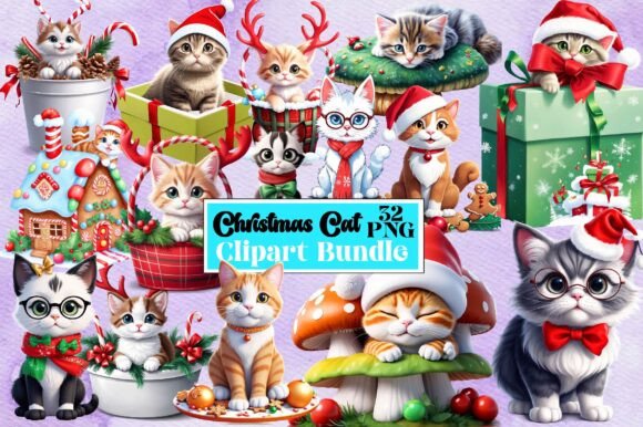 Christmas Cat Clipart Bundle: Illustrations for Sellers