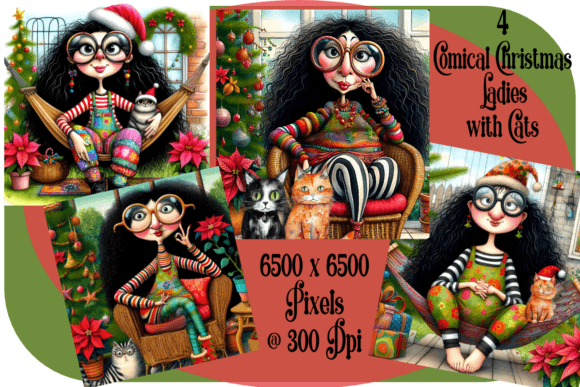 Christmas Ladies Their Feline Friends Illustrations
