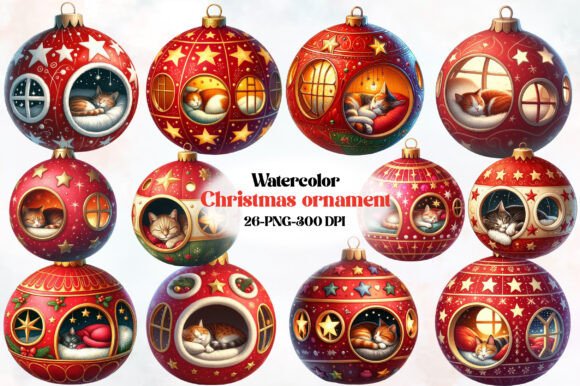 Christmas Ornament and Cat Clipart: Festive Illustrations