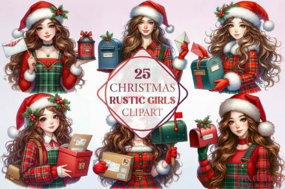 Christmas Rustic Girls Clipart Illustrations