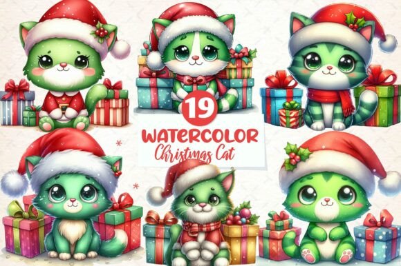Cute Green Christmas Cat Sublimation Illustrations
