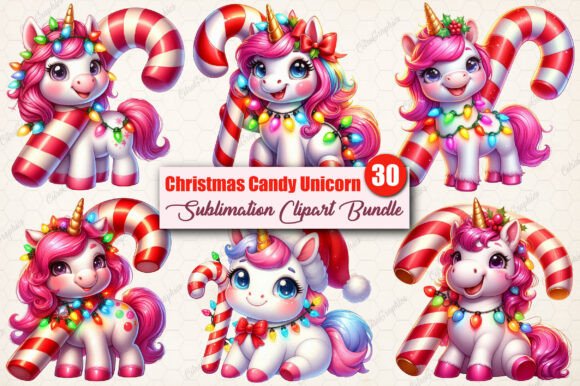Funny Christmas Candy Unicorn Clipart: Editorial Illustrations
