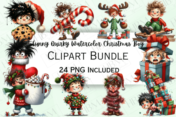 Funny Watercolor Quirky Christmas Boys Illustrations