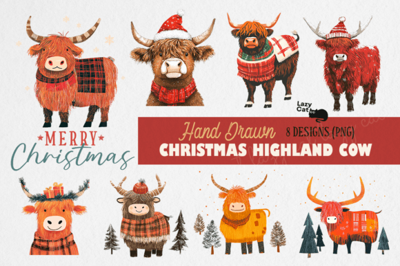 Hand Drawn Christmas Highland Cow Bundle