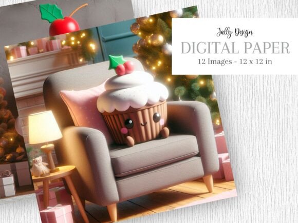 Kawaii Cupcake Sat on Sofa in Christmas Illustrations