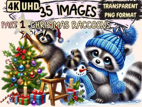 Reviewing Christmas Raccoons Clipart P1 Illustrations
