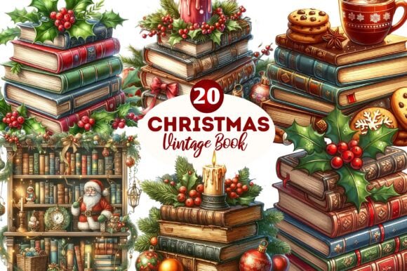 Vintage Book Christmas PNG: Illustrations for Branding