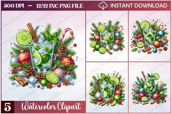 Watercolor Christmas Cocktail Clipart & Illustrations