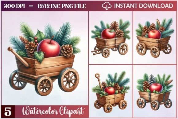 Watercolor Christmas Wagon Clipart: Editorial Illustrations
